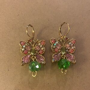 Betsey Johnson Gold Butterfly Earrings with Pink and Green